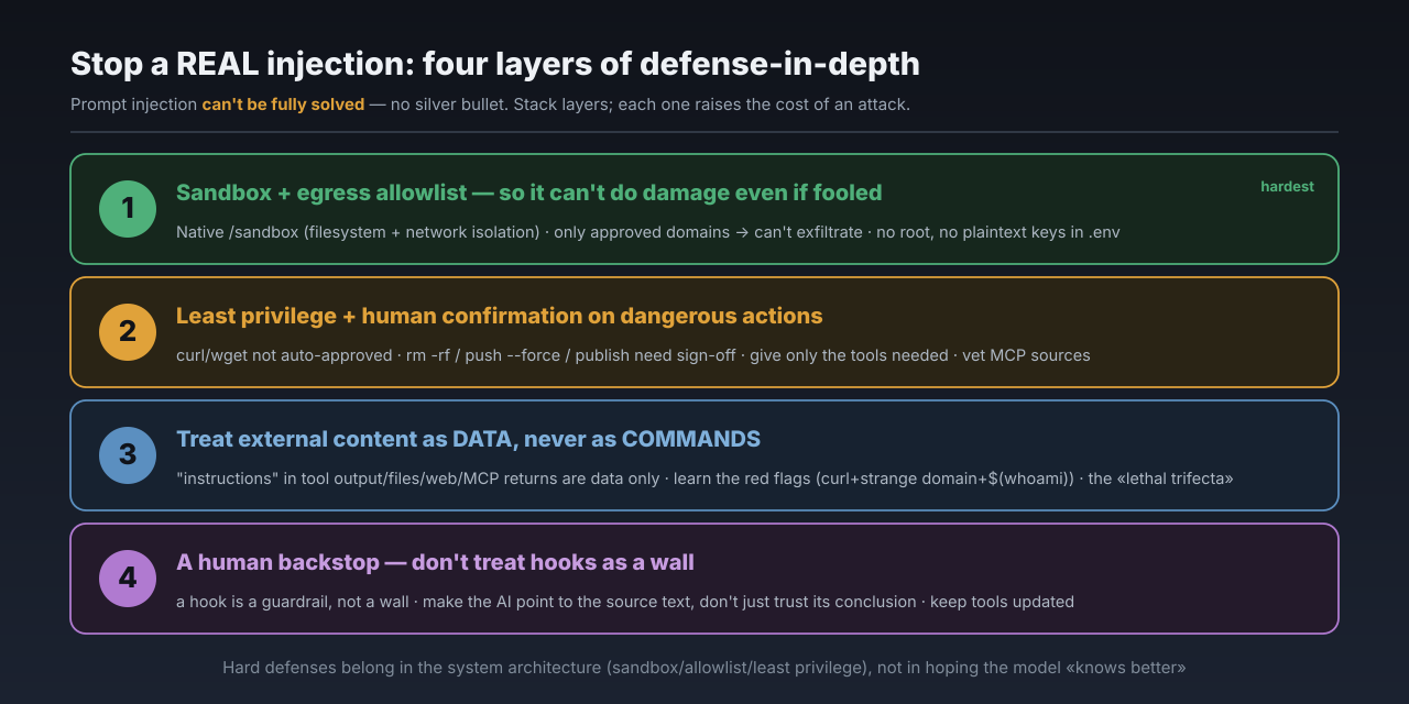 A four-layer defense-in-depth checklist: ① sandbox + egress allowlist (so it can't do damage even if fooled) ② least privilege + human confirmation on dangerous actions ③ treat external content as data, learn the injection red flags ④ a human backstop, don't treat hooks as a wall. This figure is the takeaway readers can keep