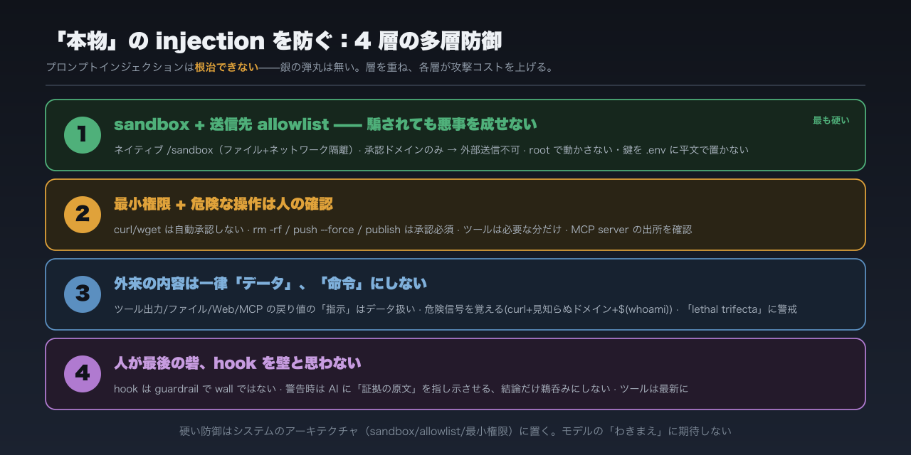 4 層の多層防御チェックリスト：① sandbox + 送信先 allowlist（騙されても悪事を成せない）② 最小権限 + 危険な操作に人の確認 ③ 外来の内容はデータ扱い、injection の危険信号を覚える ④ 人が最後の砦、hook を壁と思わない。読者が持ち帰れる図