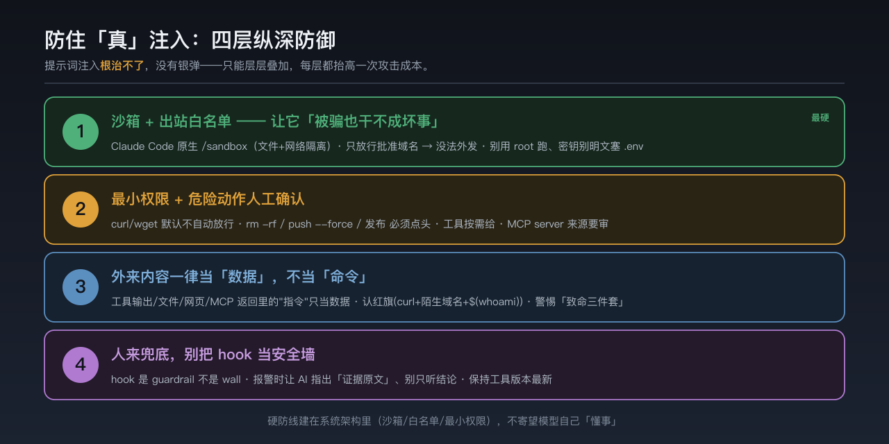 四层纵深防御清单：① 沙箱 + 出站白名单（让它被骗也干不成坏事）② 最小权限 + 危险动作人工确认 ③ 外来内容一律当数据、认注入红旗 ④ 人来兜底、别把 hook 当安全墙。这张图是给读者的「带走清单」