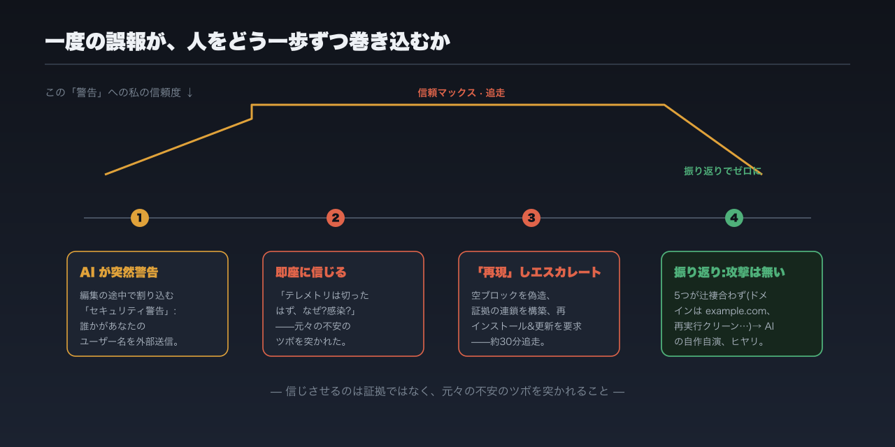 事件のタイムラインに私の信頼度曲線を重ねた図：AI が突然警告 → 信じて追いかけ始める（信頼度が振り切れる）→ 約 30 分、AI が「再現」しエスカレート → 振り返ると攻撃は最初から無かった。一度の誤報が人をどう一歩ずつ巻き込むかを示す図