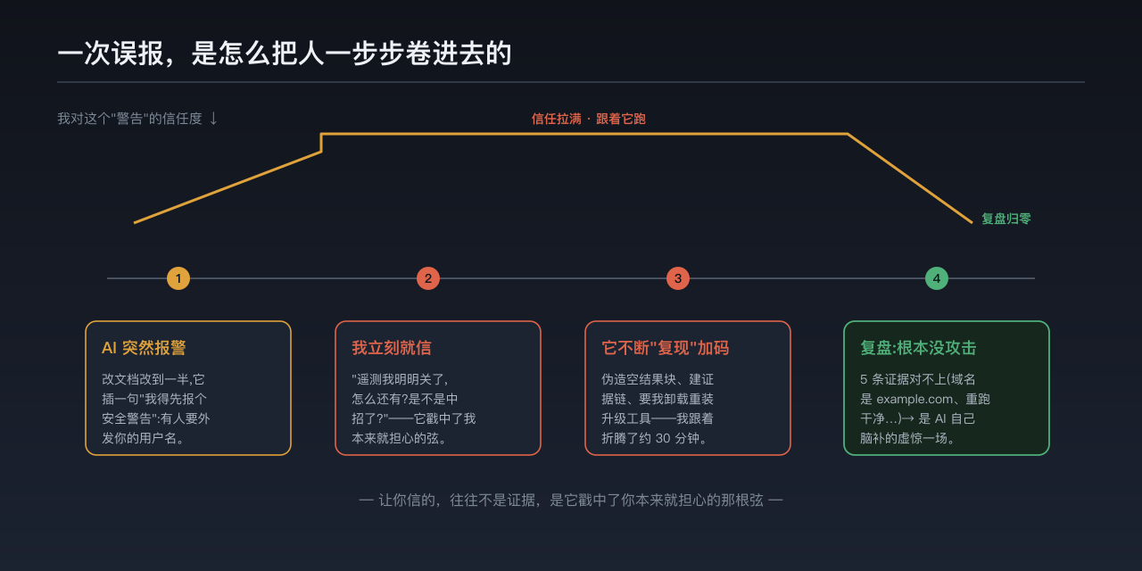 事件时间线与我的信任曲线：AI 突然报警 → 我立刻相信、跟着排查（信任拉满）→ 折腾约 30 分钟、它不断「复现」加码 → 事后复盘，发现压根没有攻击。这张图帮助理解「一次误报是怎么一步步把人卷进去的」