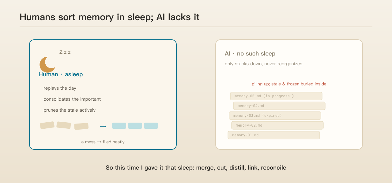 Humans replay and reorganize the day's memories in sleep; lacking this, the AI only keeps stacking
