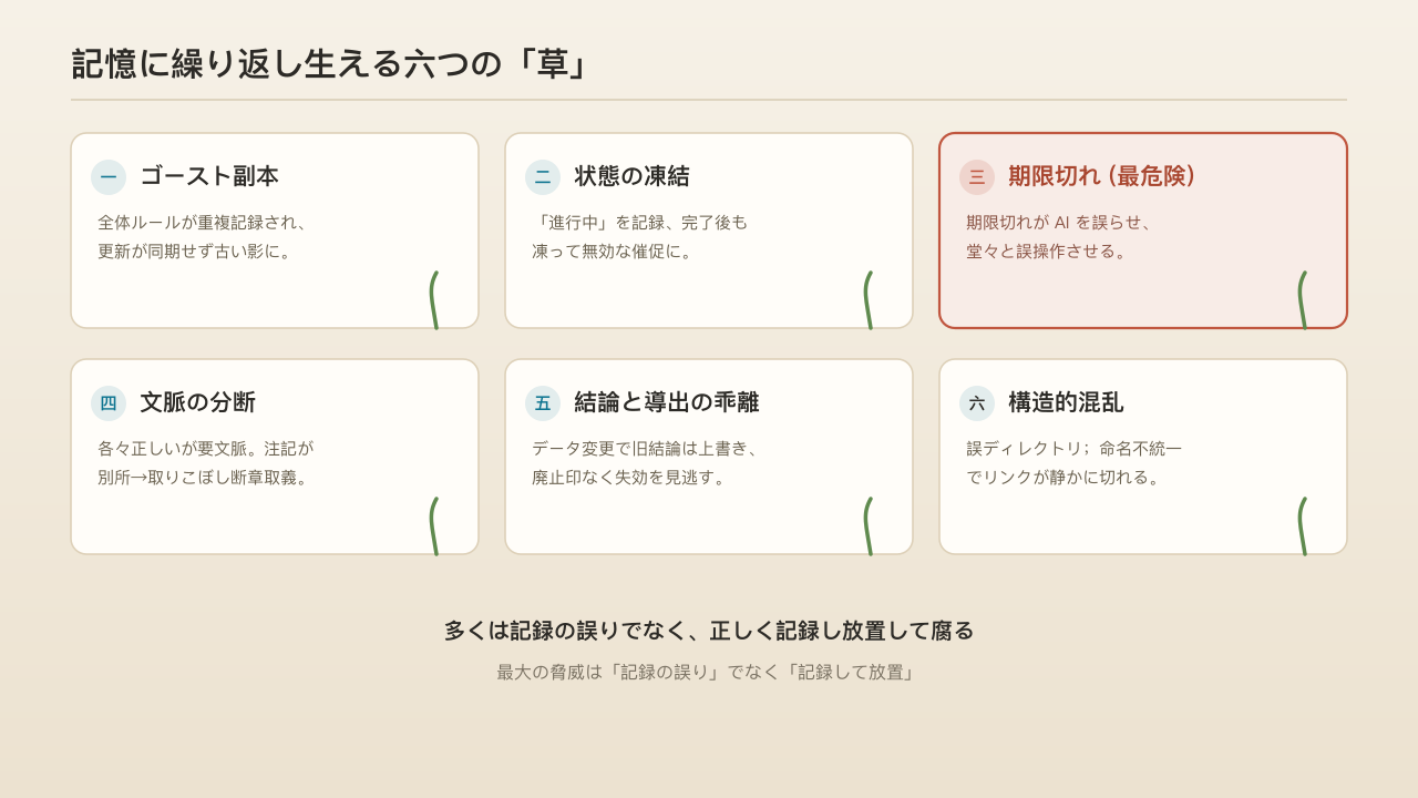 繰り返し生える六つの草:ゴースト副本、凍った進行中、危険な期限切れ、合わせて読む矛盾、上書きされた旧結論、断線と誤配置