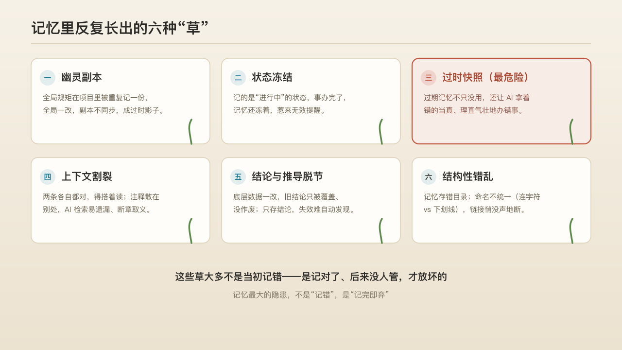 反复长出的六种草：幽灵副本、冻住的进行时、危险的旧快照、要搭着读的矛盾、被盖住的旧结论、断链与错位