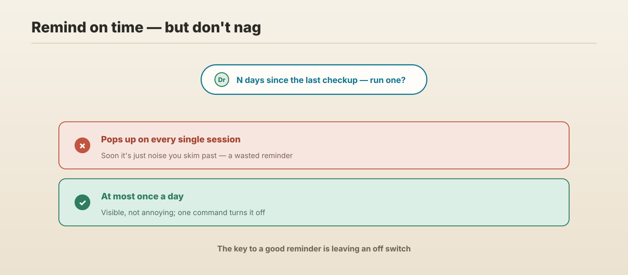 The checkup reminder surfaces at most once a day in a limited window; one command turns it off if it bugs you