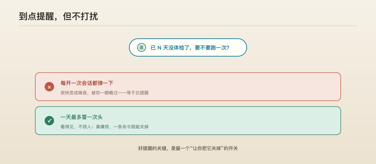 体检提醒一天只在限时窗口冒一次头，嫌烦一条命令就能关掉