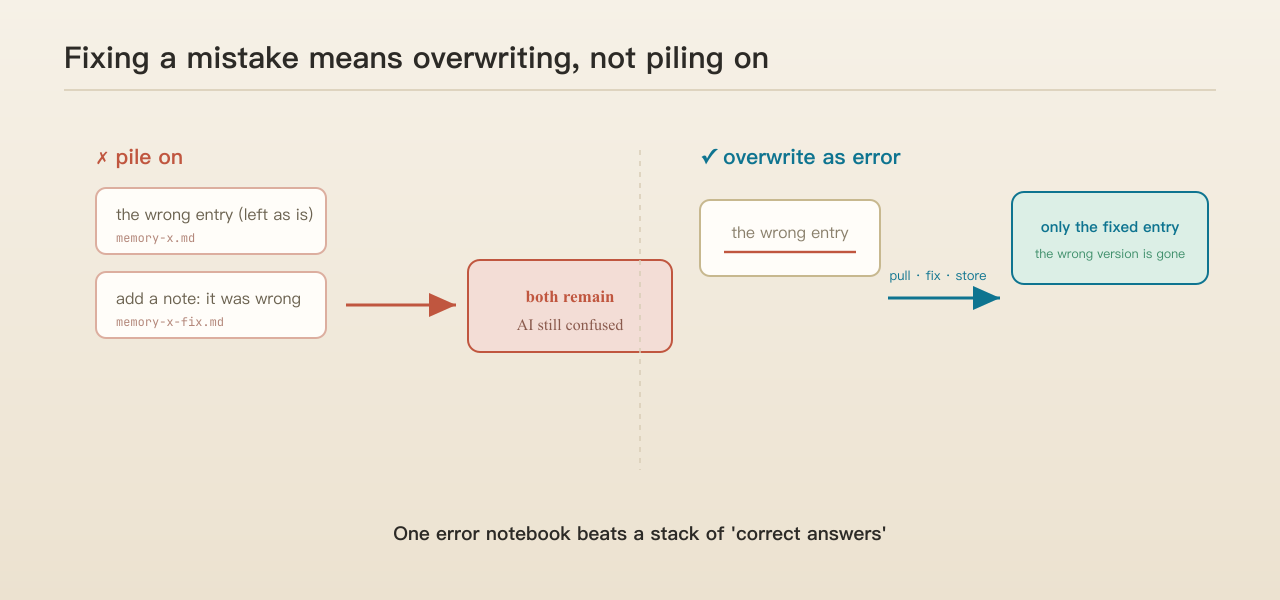 Diagram: fixing a mistake means overwriting, not piling on
