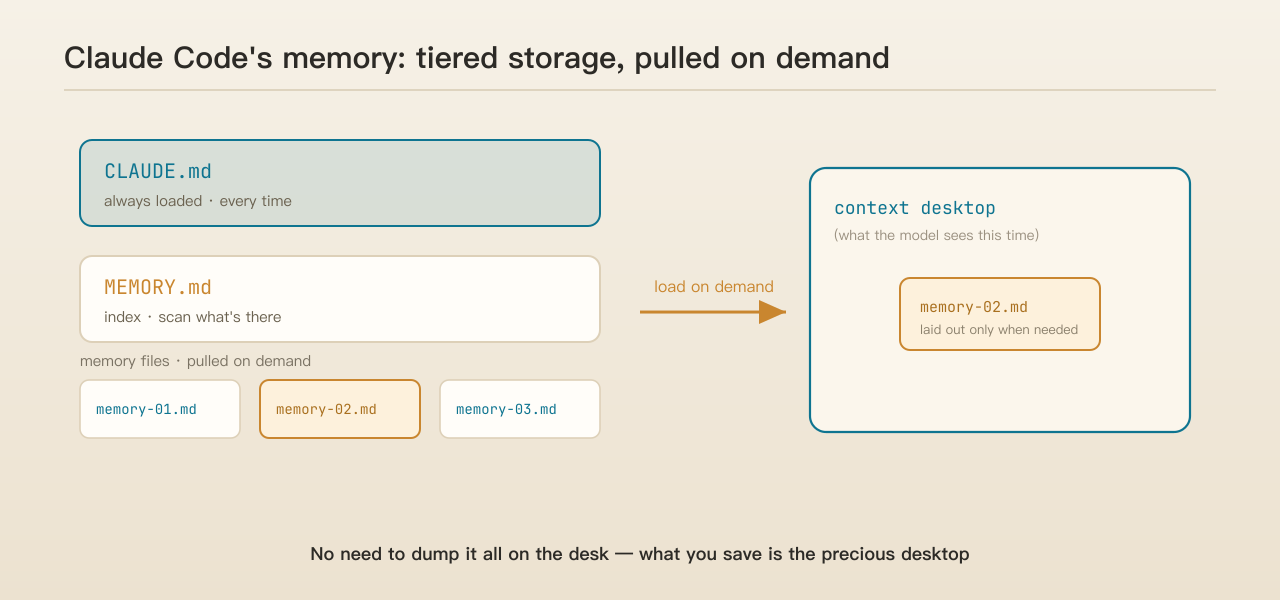 Diagram: Claude Code stores memory in tiers, pulling only the entry it needs