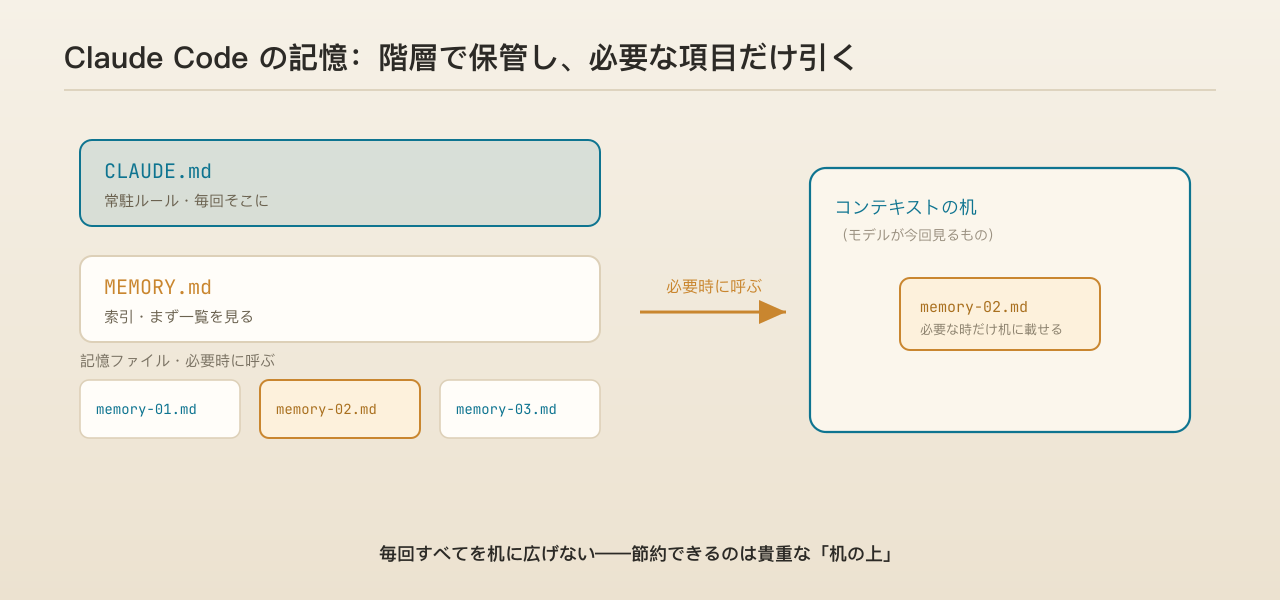 図：Claude Code は記憶を階層で保管し、必要な項目だけ引き込む