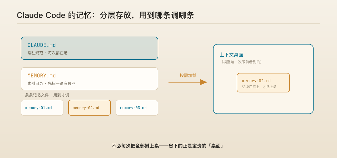 示意：Claude Code 的记忆分层存放，用到哪条调哪条