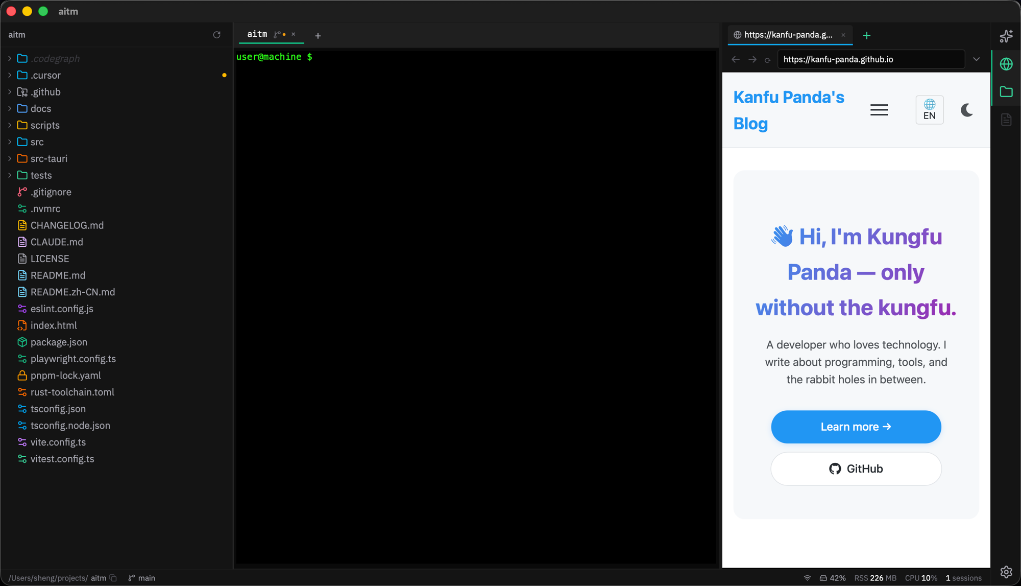 The main interface: file tree on the left, terminal in the center, AI sidebar on the right